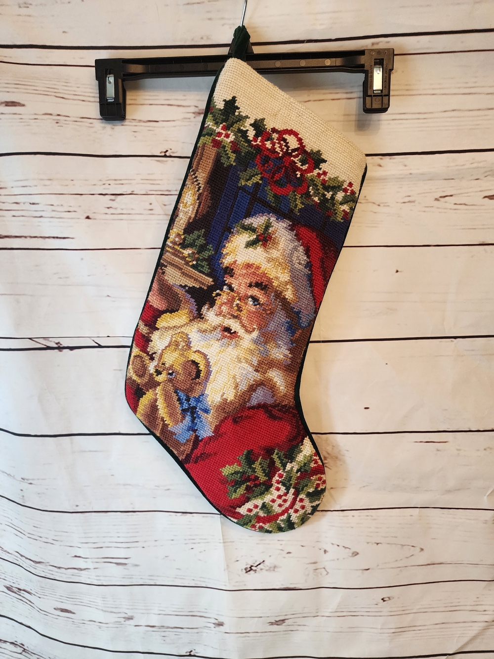 Vintage-Style Santa Needlepoint Christmas Stocking in Red and Cream